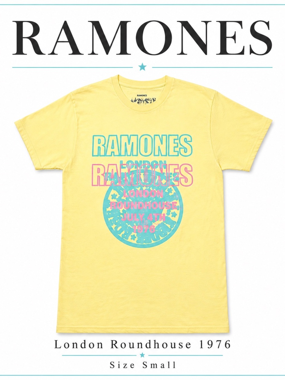 Ramones London Roundhouse 1976 Graphic Band Tee Small Yellow Pink Blue Cotton